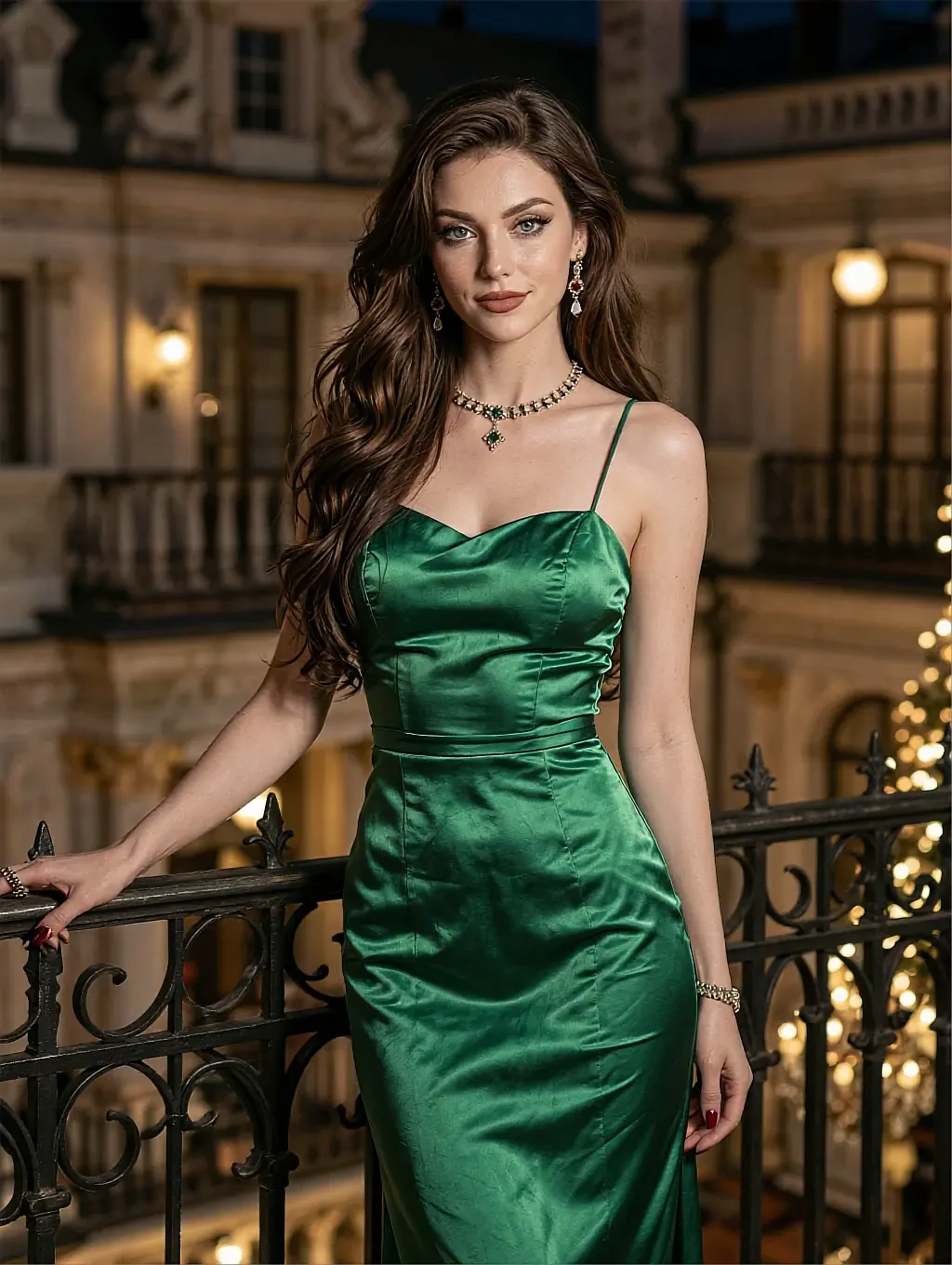 Fictional AI character in a green satin dress on an ornate balcony lit by string lights