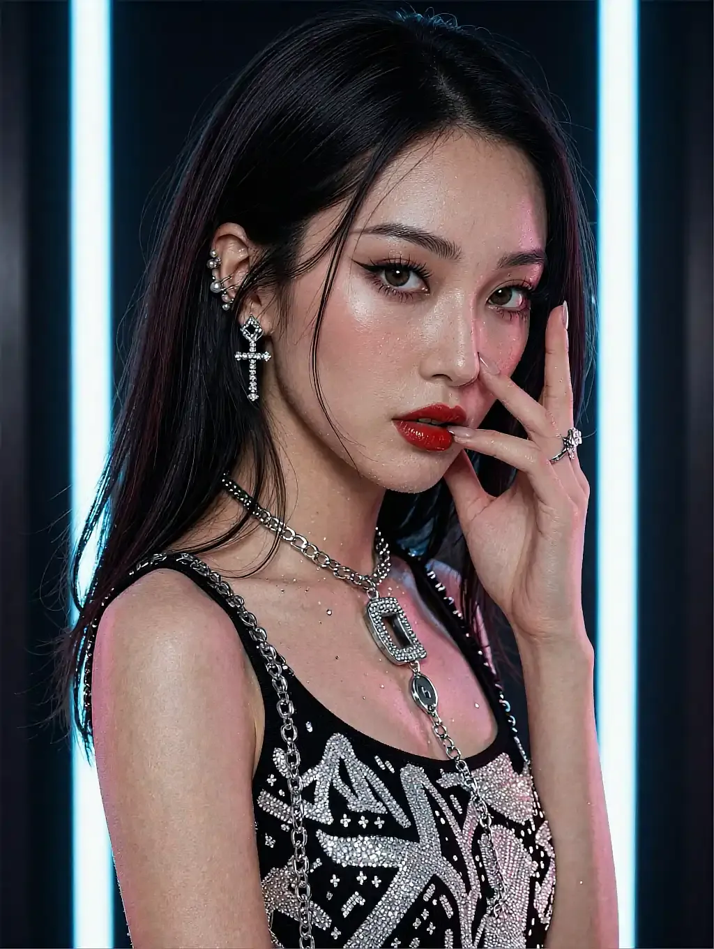 Fictional AI character in a sequinned top standing between two vertical strip lights