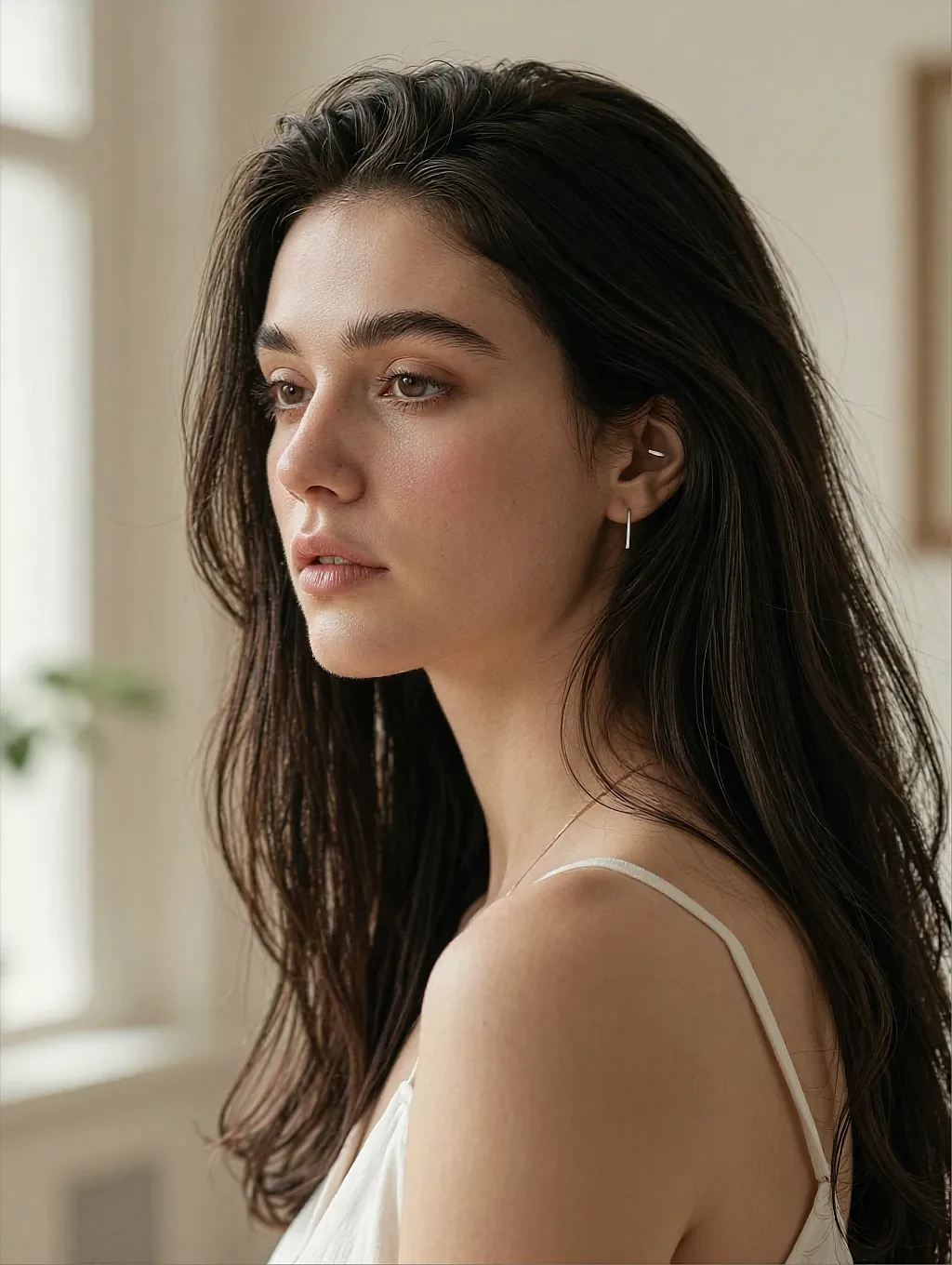 Fictional AI character with long dark hair in a white strap top, turned toward a bright window