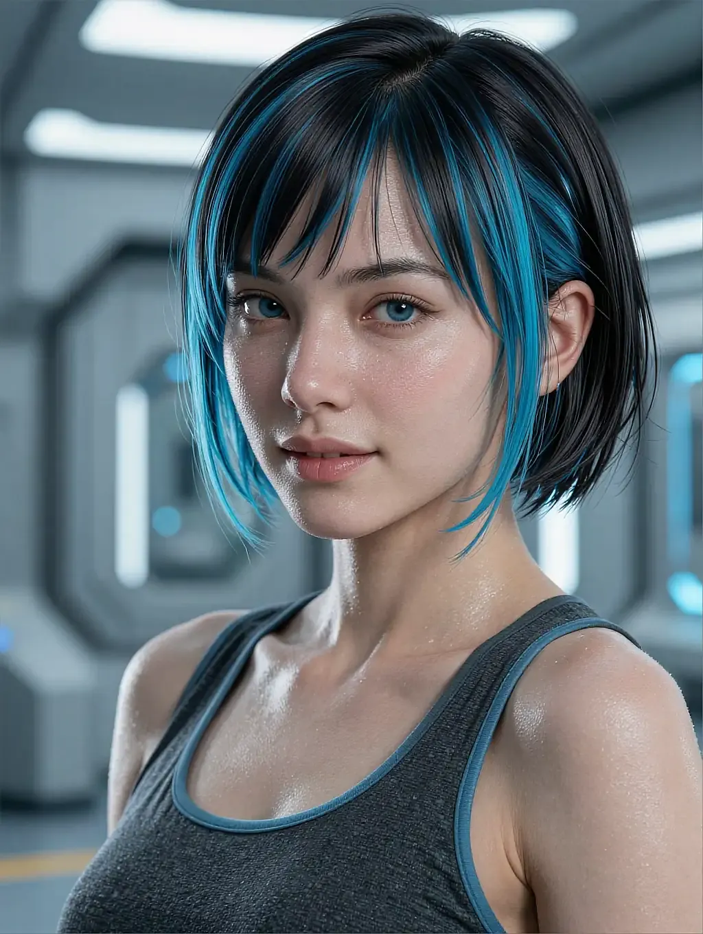 Fictional AI character with a blue-streaked bob in a grey tank top in a bright corridor