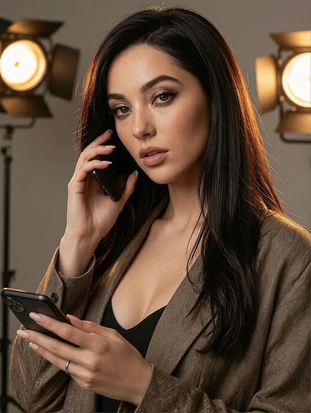 Fictional AI character on the phone between two studio lamps